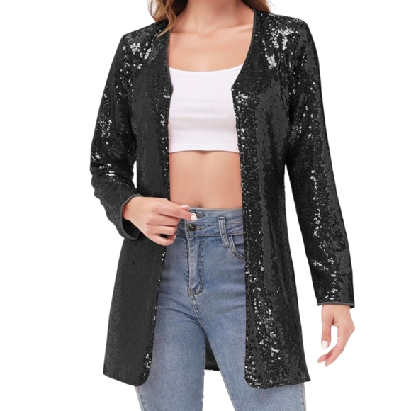 Anna-Kaci Black Sequin Embellished Open Front Sequin Jacket Women Size Medium - Picture 2 of 16